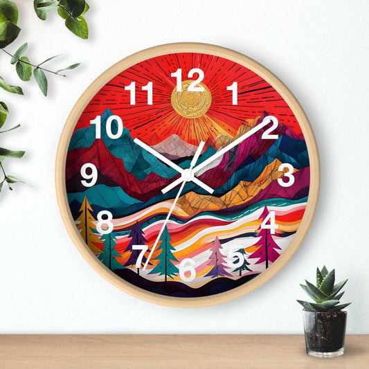 'Abstract Illustration of Stylized Mountainous Landscape' Wall Clock, Acrylic Glass Face – Stylish Home Decor for Creative Spaces