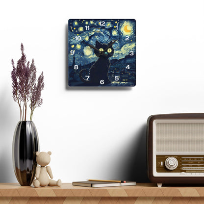 Cat Under Starry Night-Inspired Acrylic Wall Clock - Elegant Home Decor - Milestone Acrylic