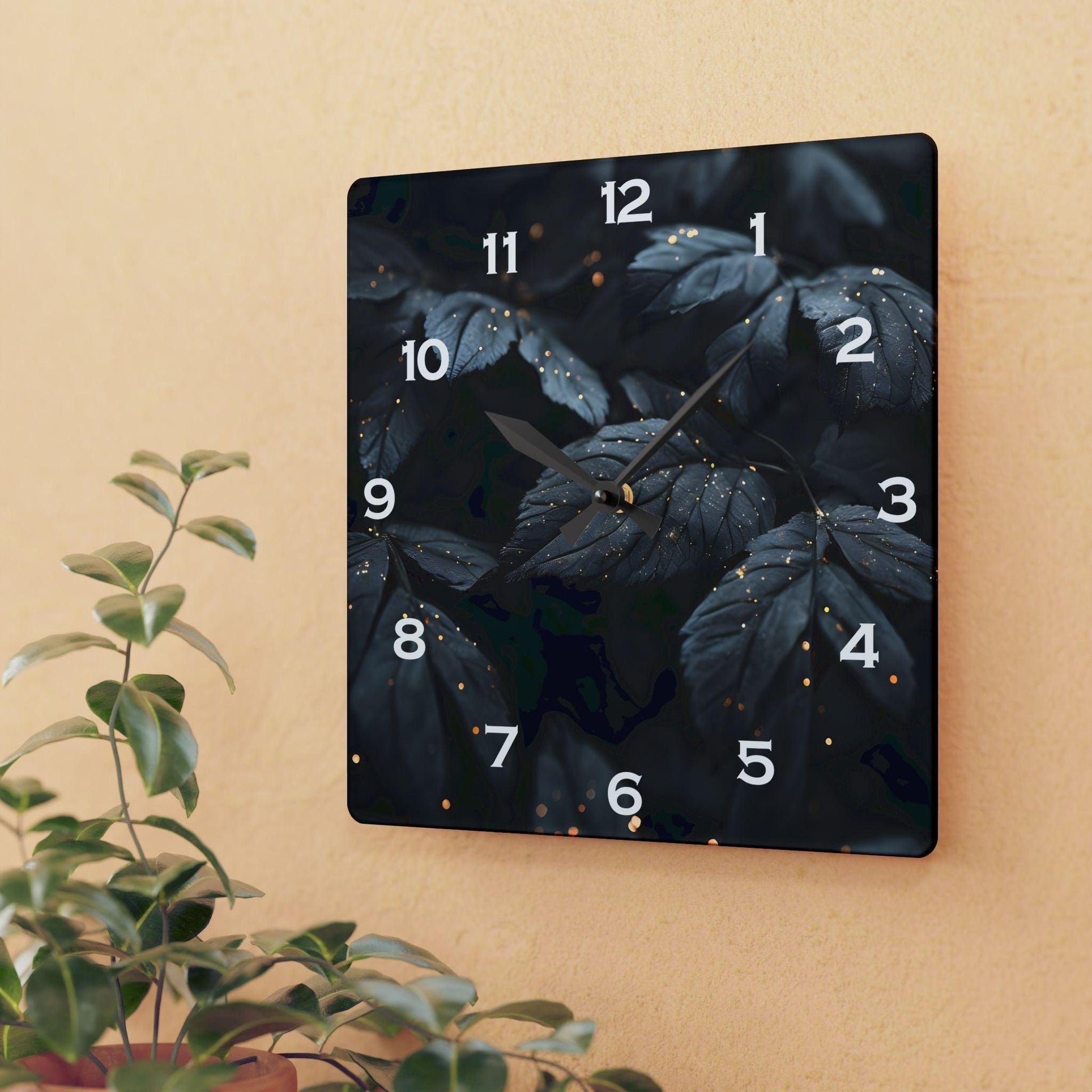 Dark Leaves With Golden Dewdrops Acrylic Wall Clock - Elegant Home Decor - Milestone Acrylic