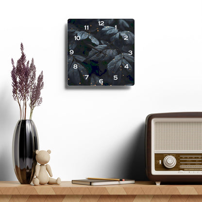 Dark Leaves With Golden Dewdrops Acrylic Wall Clock - Elegant Home Decor - Milestone Acrylic