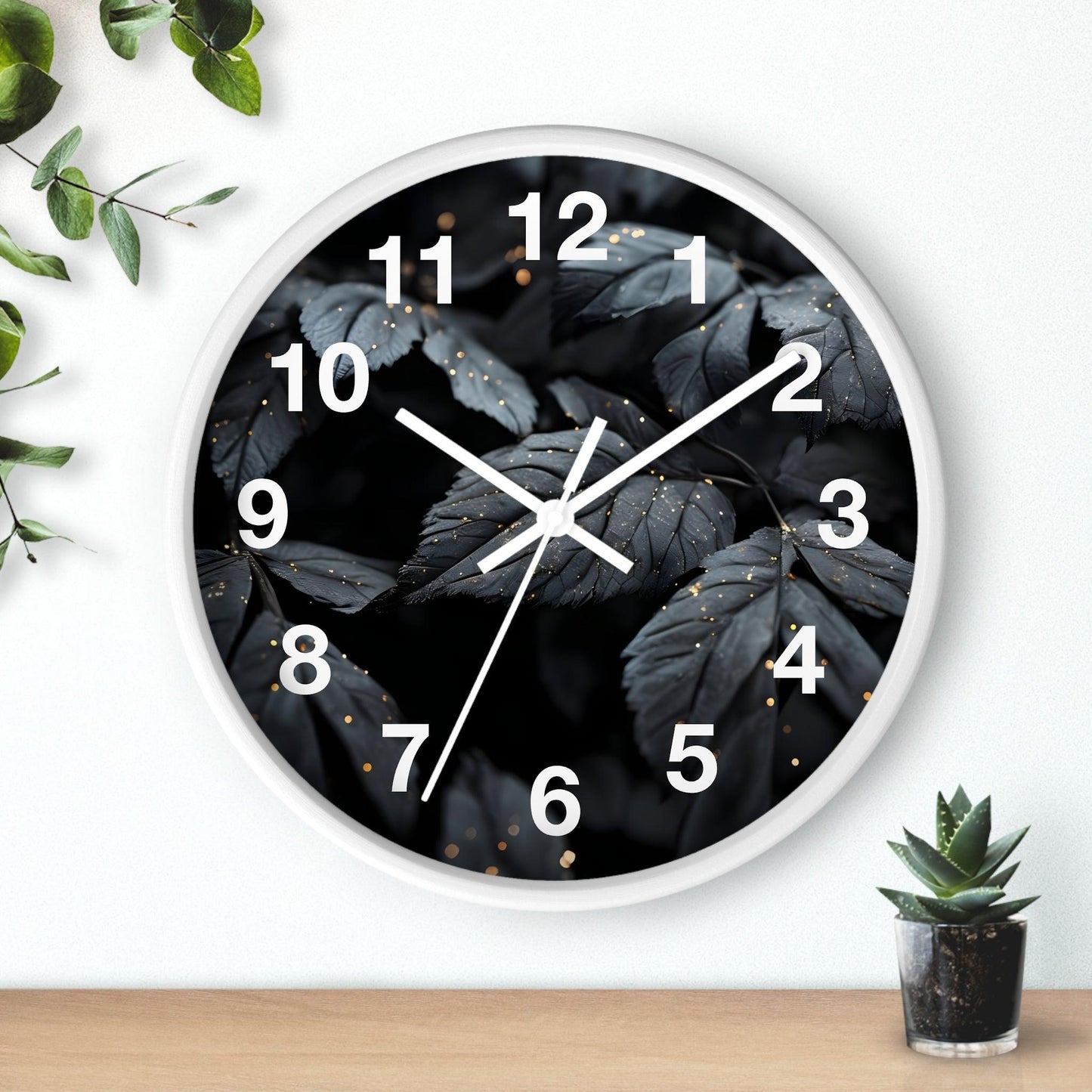 'Dark Leaves With Golden Dewdrops' Wall Clock, Acrylic Glass Face – Stylish Home Decor for Creative Spaces