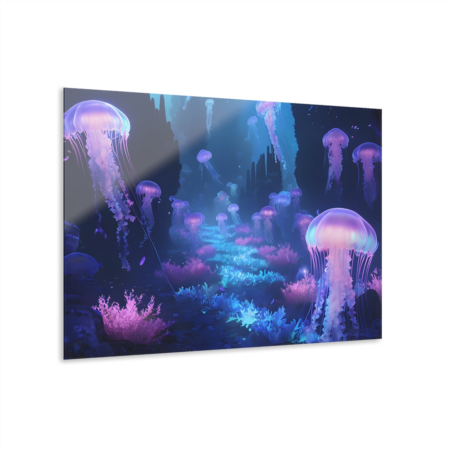 Underwater Scene with Glowing Jellyfish, Acrylic Glass, Wall art