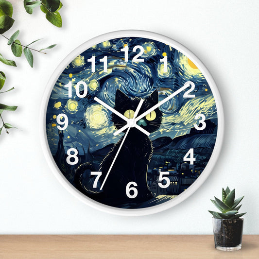 'Cat Under Starry Night-Inspired ' Wall Clock, Acrylic Glass Face – Stylish Home Decor for Creative Spaces