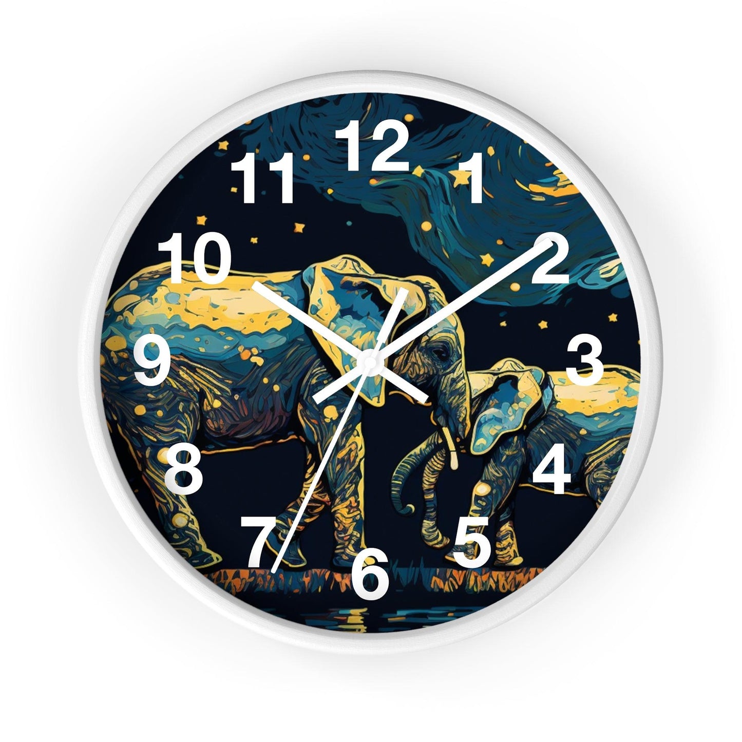 'Starry Night Mother And Baby Elephant' Wall Clock, Acrylic Glass Face – Stylish Home Decor for Creative Spaces