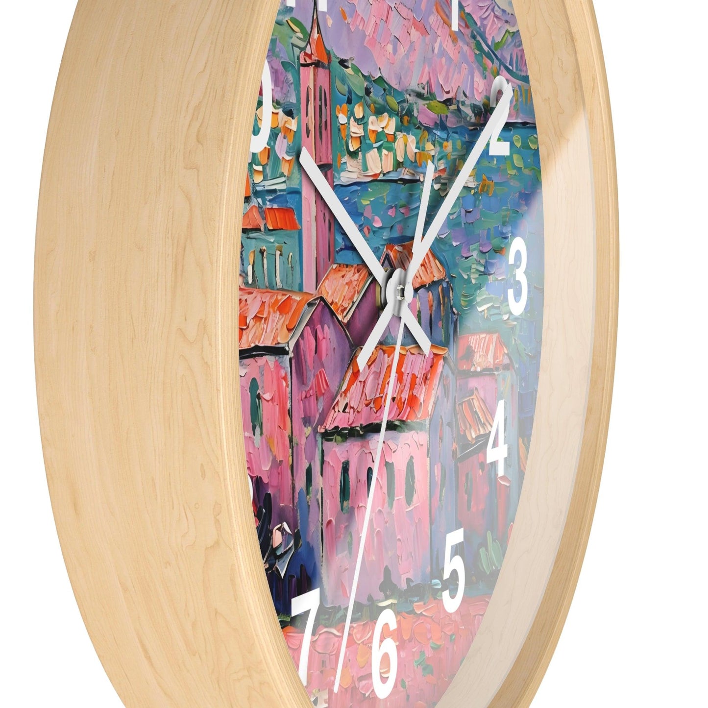 'Impressionist Coastal Village' Wall Clock, Acrylic Glass Face – Stylish Home Decor for Creative Spaces