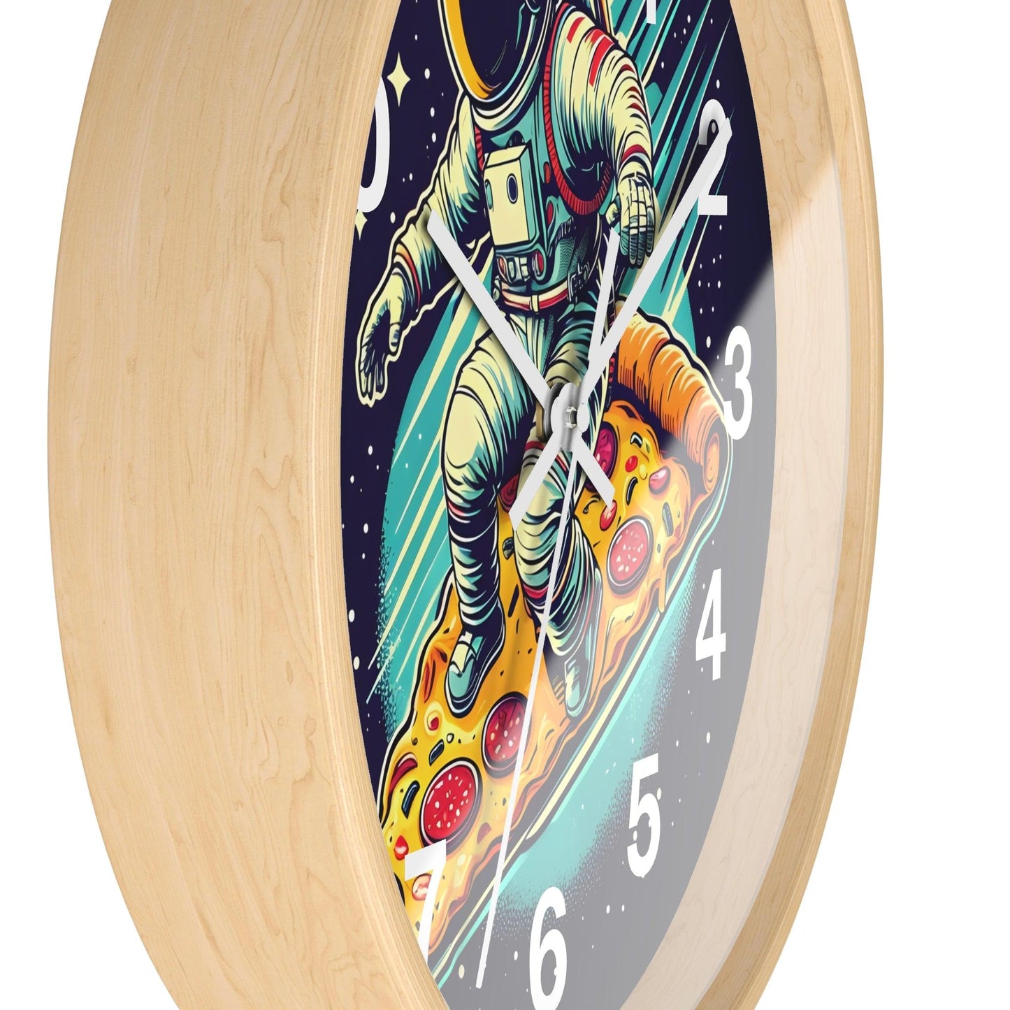 'Astronaut Surfing On A Pizza' Wall Clock Acrylic Glass Face – Stylish Home Decor for Creative Spaces