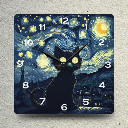 Cat Under Starry Night-Inspired Acrylic Wall Clock - Elegant Home Decor - Milestone Acrylic