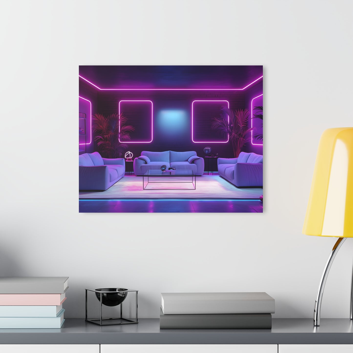 Modern Neon-Lit Living Room With Futuristic Ambiance, Acrylic Glass, Wall art