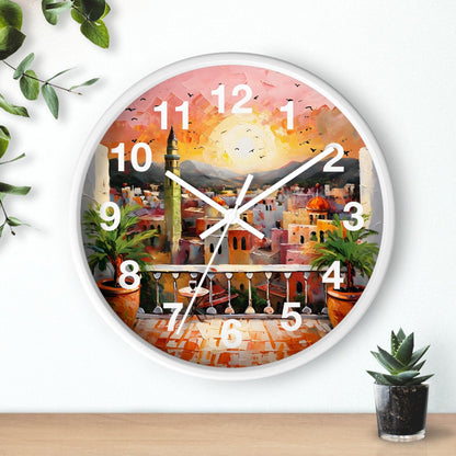 'Sunset Over Arabian City With Lush Terrace' Wall Clock, Acrylic Glass Face – Stylish Home Decor for Creative Spaces