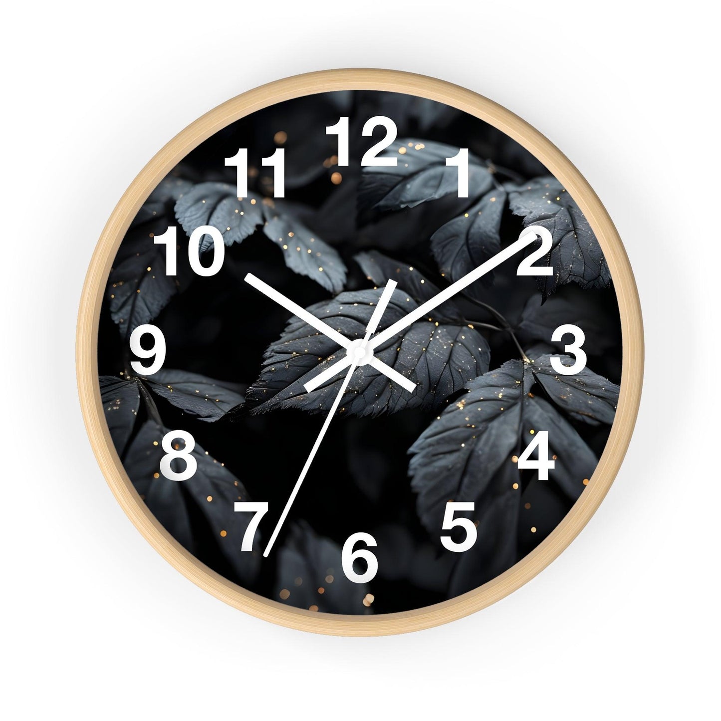 'Dark Leaves With Golden Dewdrops' Wall Clock, Acrylic Glass Face – Stylish Home Decor for Creative Spaces