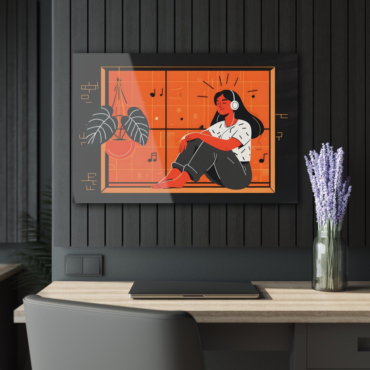 Woman Enjoying Music on Windowsill Acrylic Artwork (Horizontal) - Milestone Acrylic