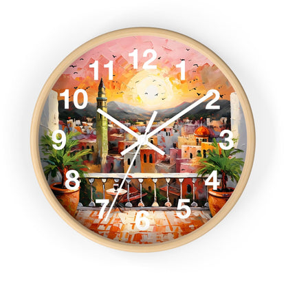 'Sunset Over Arabian City With Lush Terrace' Wall Clock, Acrylic Glass Face – Stylish Home Decor for Creative Spaces