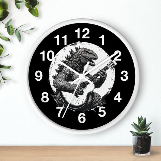 'Dinosaur With Guitar' Wall Clock, Acrylic Glass Face – Stylish Home Decor for Creative Spaces