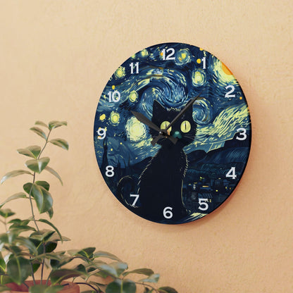 Cat Under Starry Night-Inspired Acrylic Wall Clock - Elegant Home Decor - Milestone Acrylic