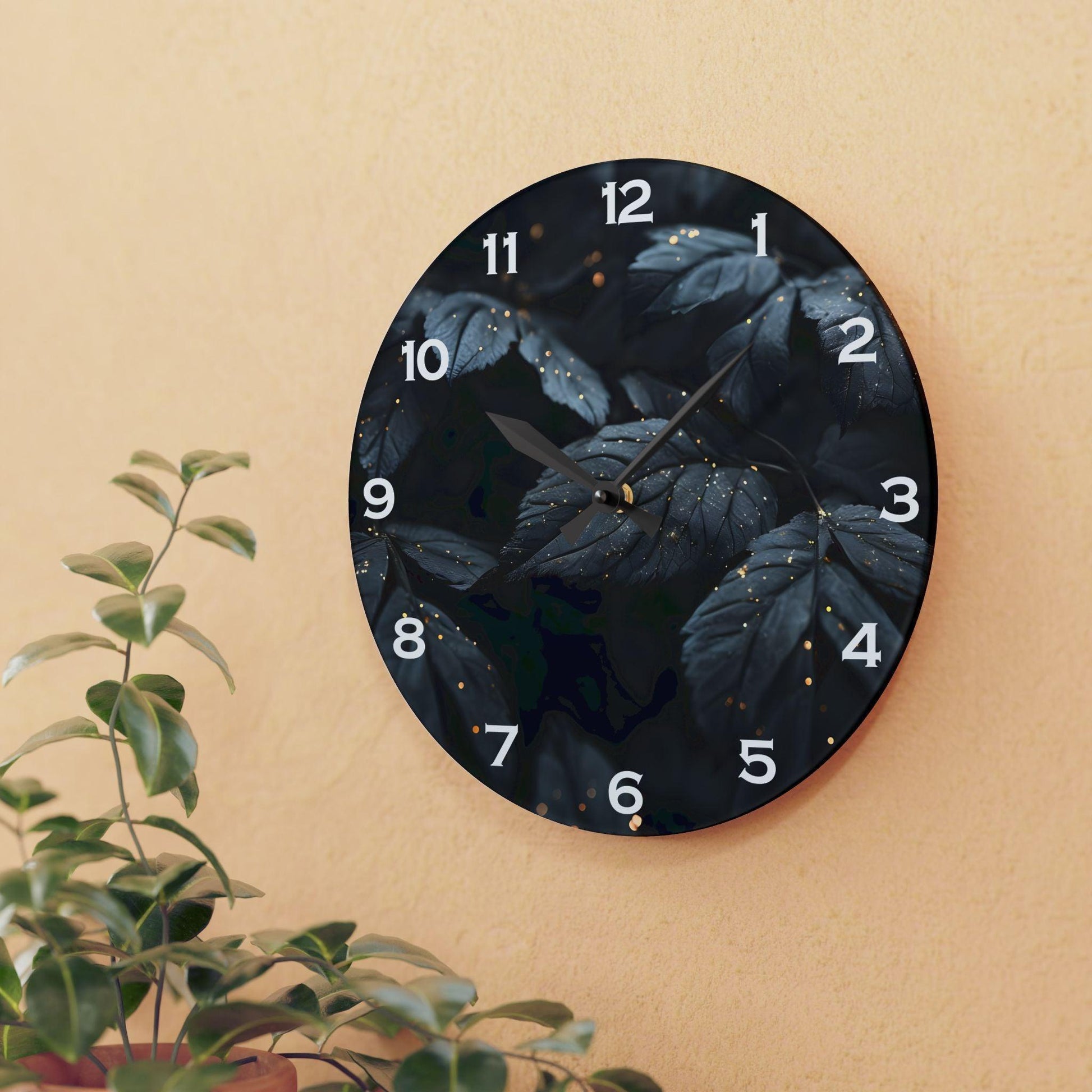 Dark Leaves With Golden Dewdrops Acrylic Wall Clock - Elegant Home Decor - Milestone Acrylic