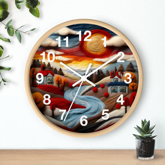 'Needle-Felted Countryside Landscape With Flowing River' Wall Clock, Acrylic Glass Face – Stylish Home Decor for Creative Spaces