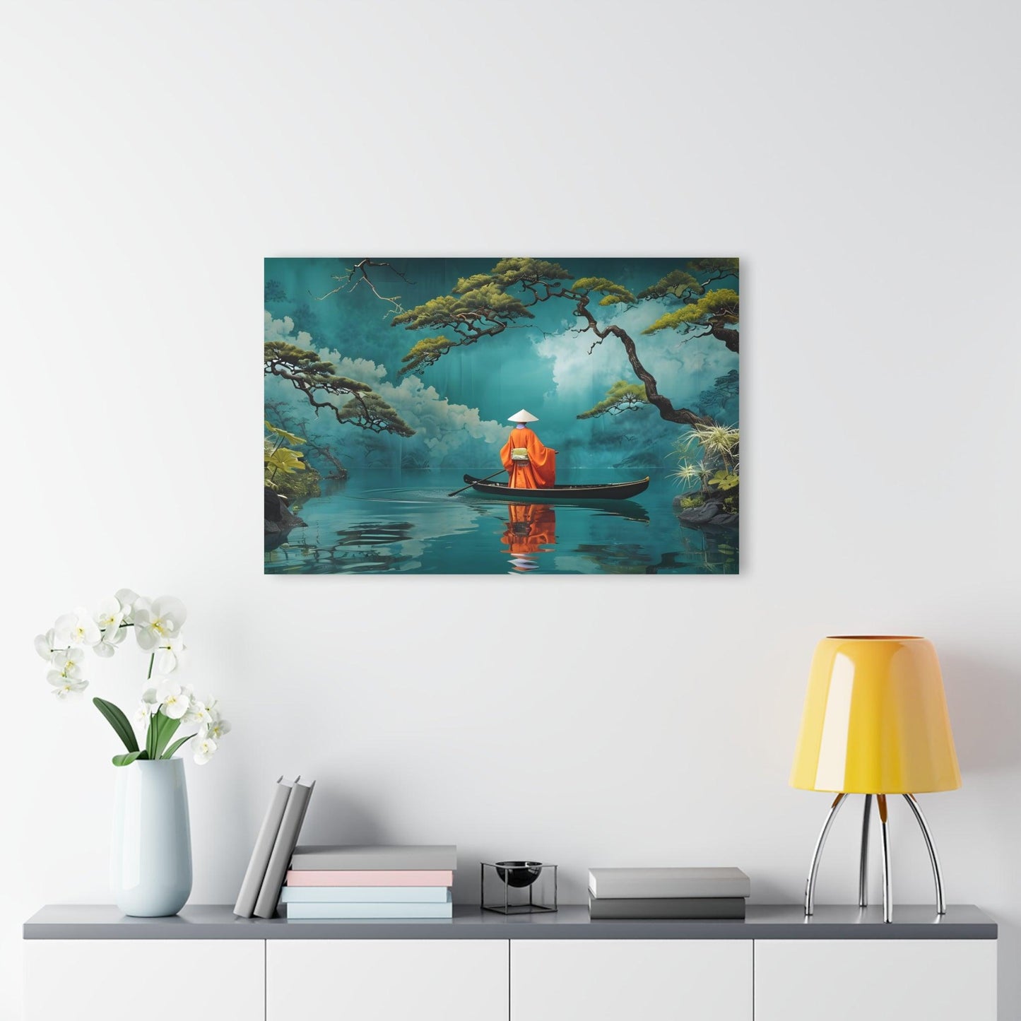 Bright Orange Kimono Navigating Boat Acrylic Artwork (Horizontal) - Milestone Acrylic