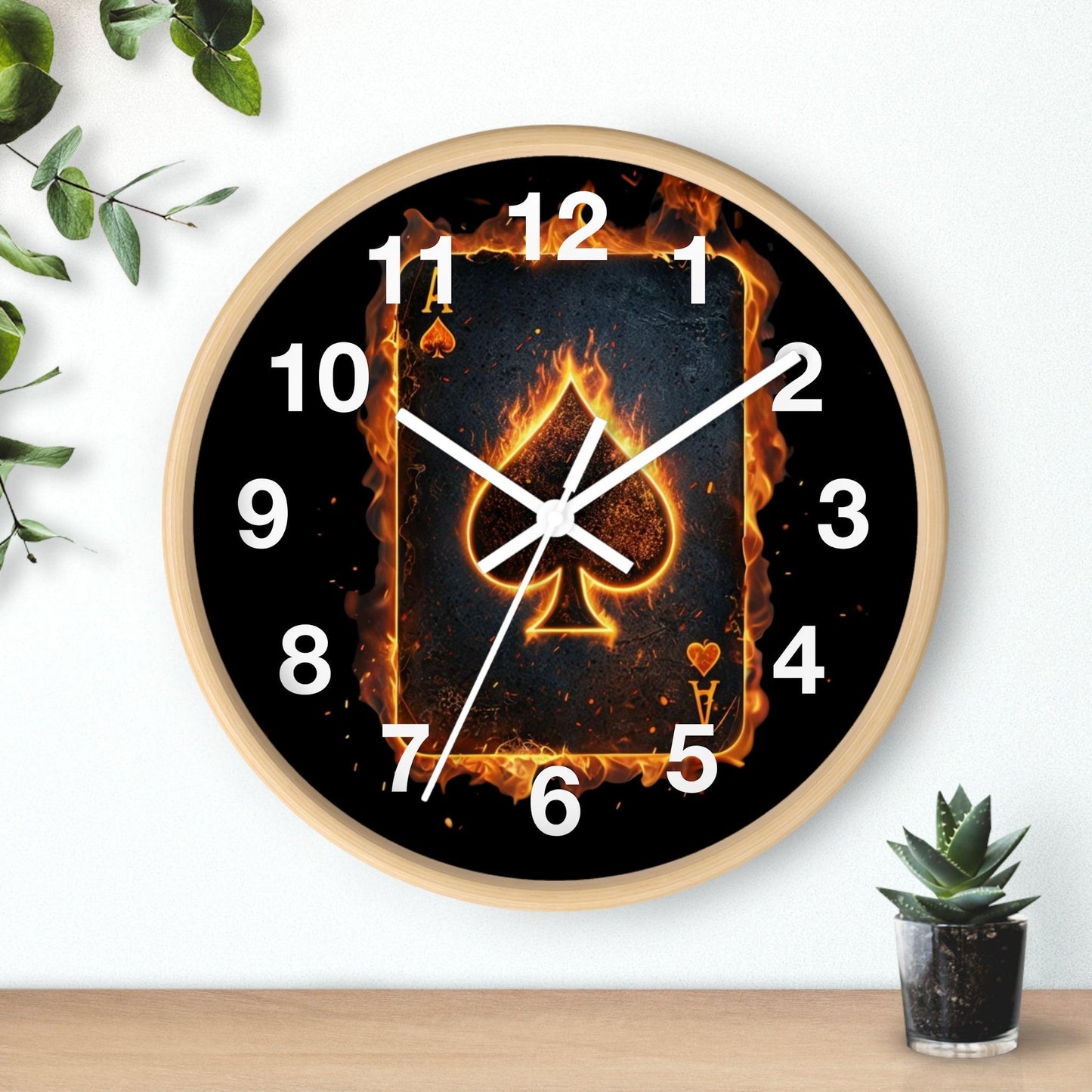 'Ace of Spades Playing Card Engulfed in Intense Flames' Wall Clock, Acrylic Glass Face – Stylish Home Decor for Creative Spaces