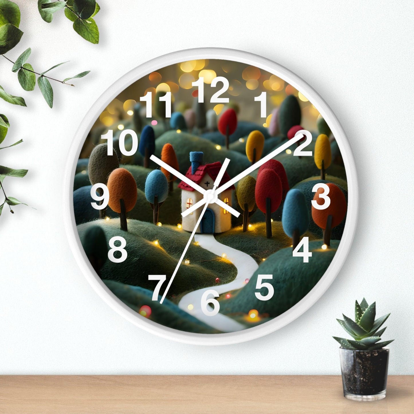 'Whimsical Felt Craft Village Scene with Magical Atmosphere' Wall Clock, Acrylic Glass Face – Stylish Home Decor for Creative Spaces