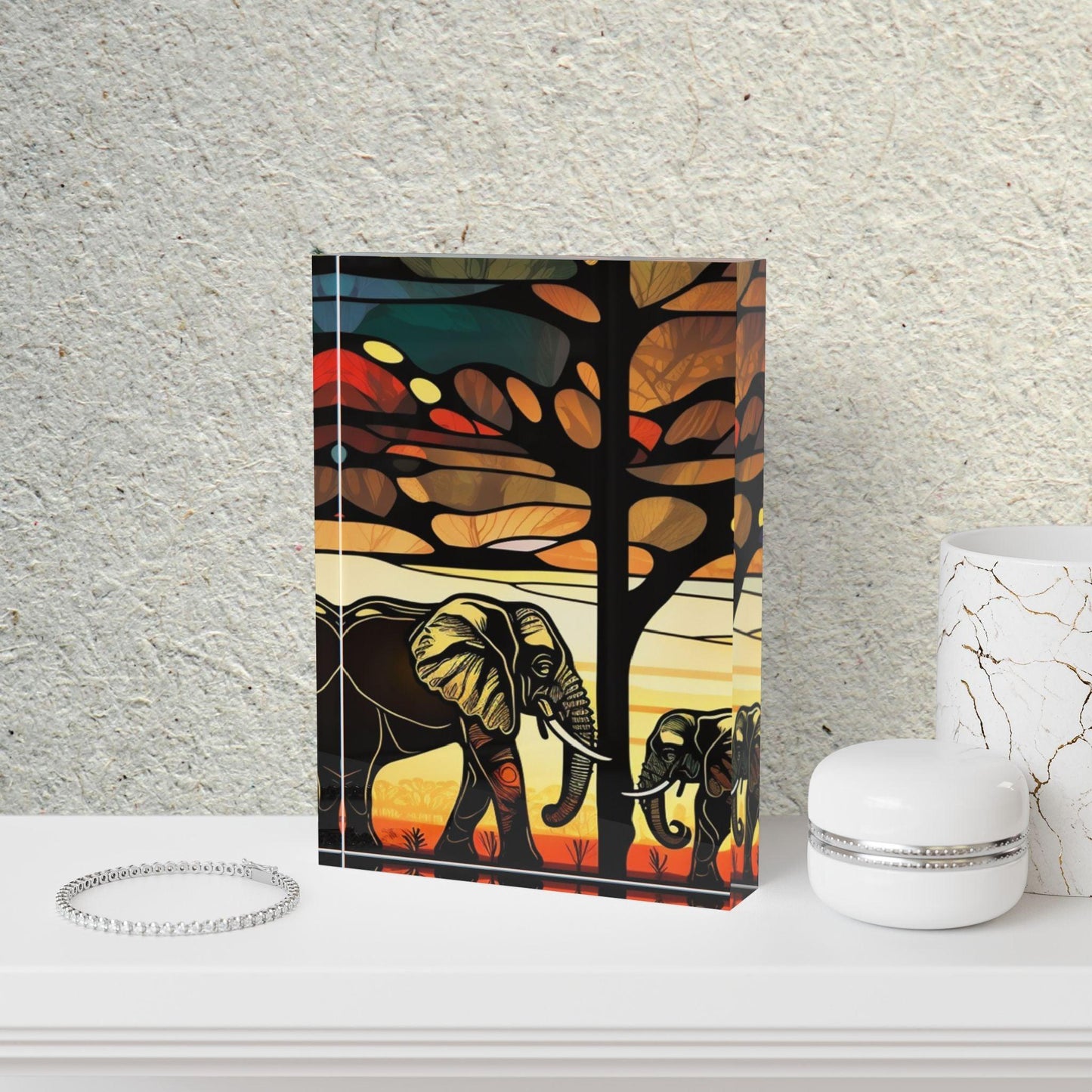 'Mother & Baby Elephant Facing Each Other' Acrylic Display Block - Milestone Acrylic