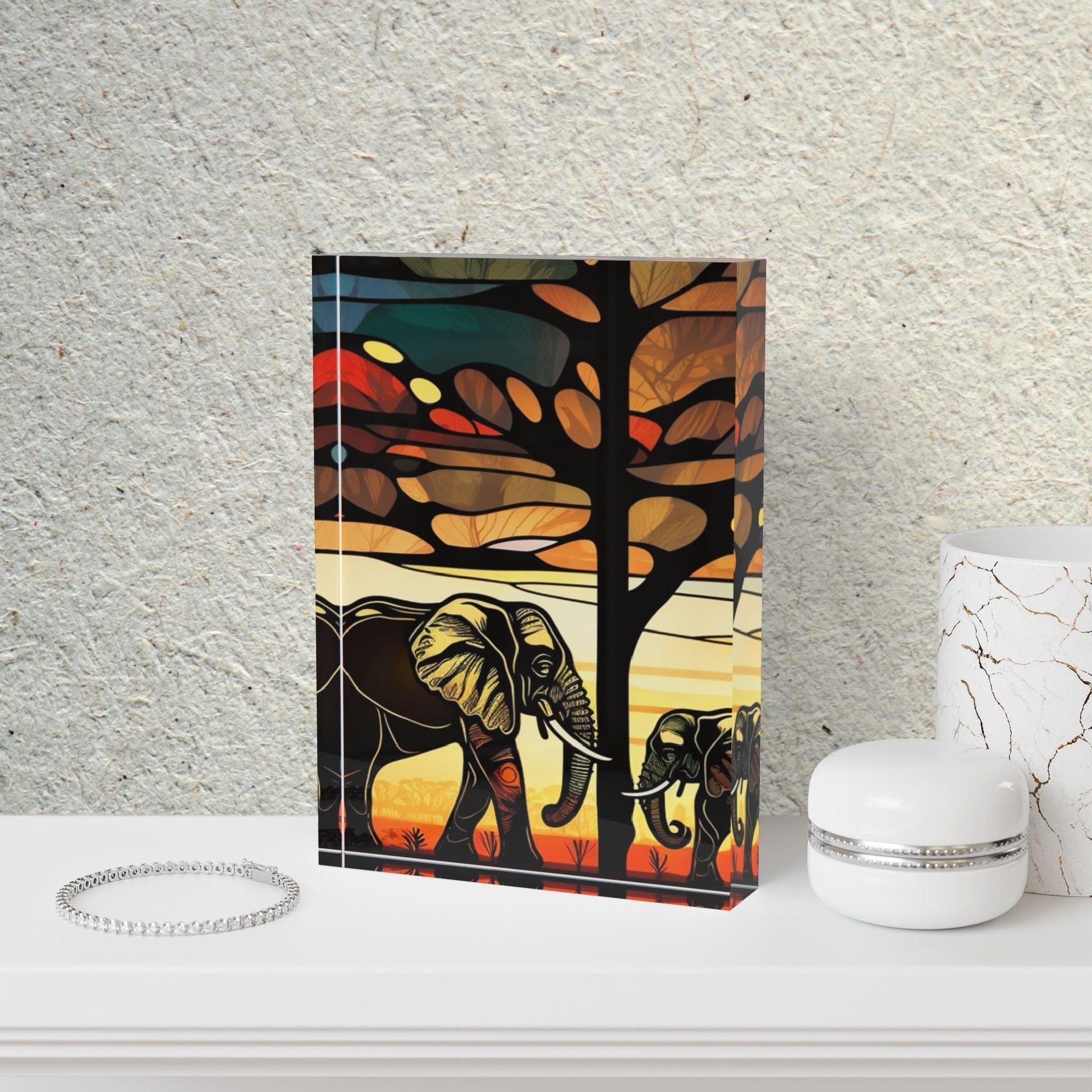 'Mother & Baby Elephant Facing Each Other' Acrylic Display Block - Milestone Acrylic