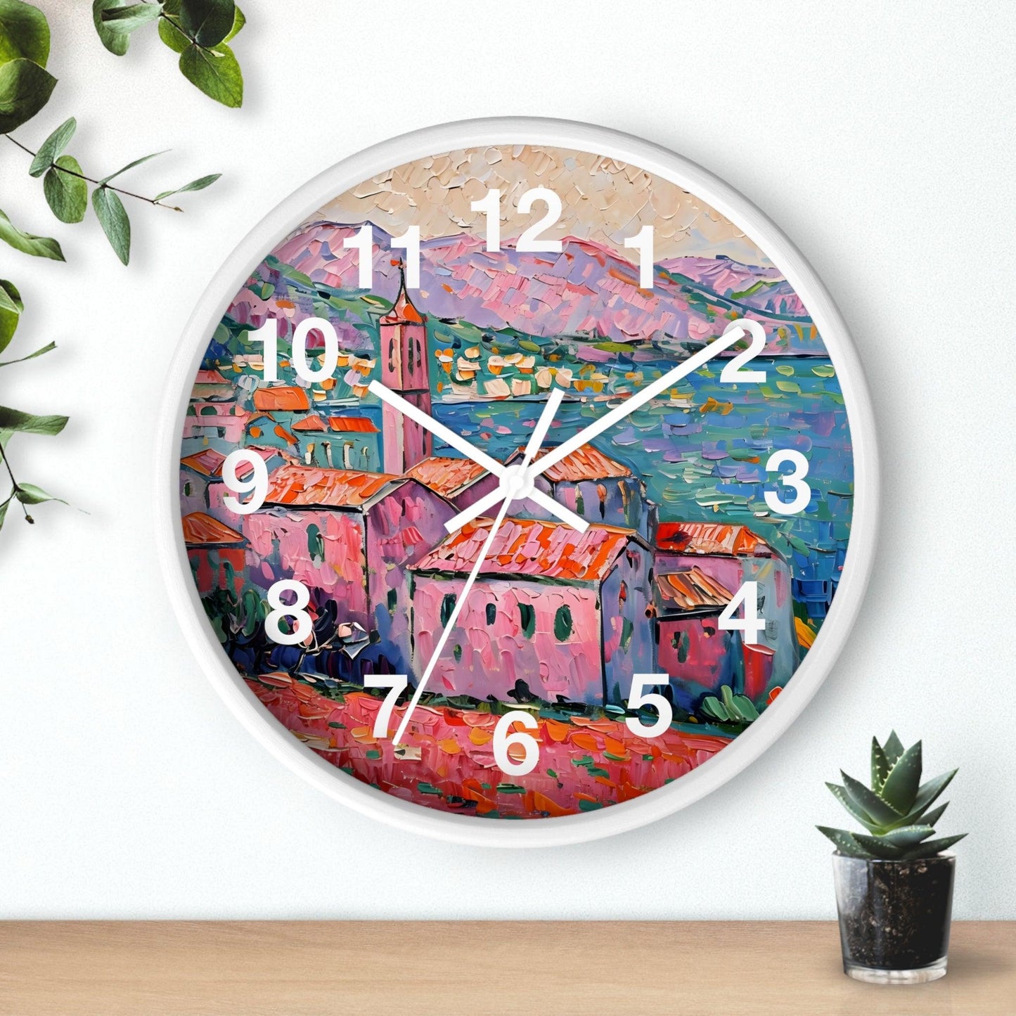 'Impressionist Coastal Village' Wall Clock, Acrylic Glass Face – Stylish Home Decor for Creative Spaces