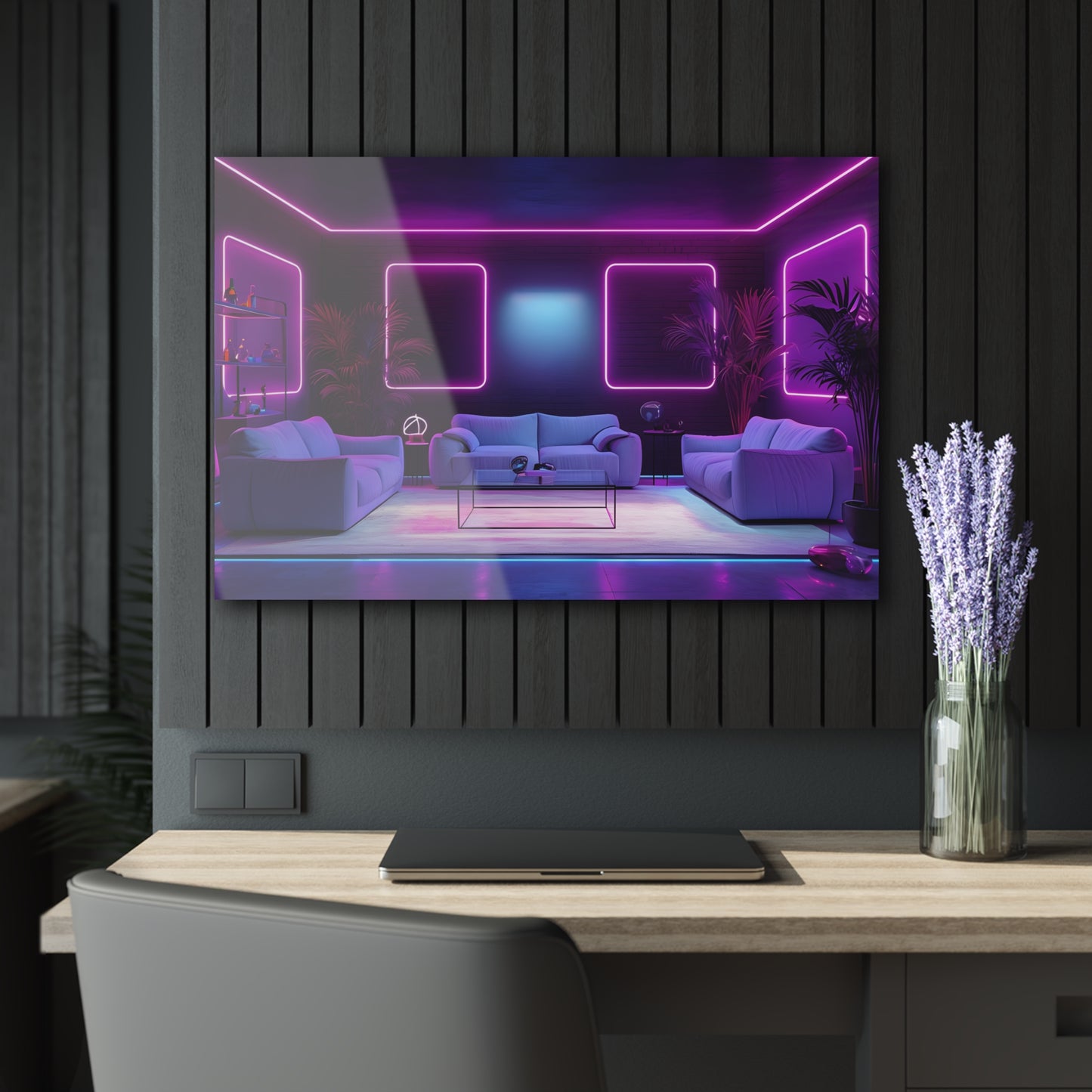 Modern Neon-Lit Living Room With Futuristic Ambiance, Acrylic Glass, Wall art