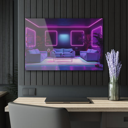 Modern Neon-Lit Living Room With Futuristic Ambiance, Acrylic Glass, Wall art