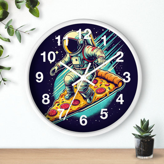 'Astronaut Surfing On A Pizza' Wall Clock Acrylic Glass Face – Stylish Home Decor for Creative Spaces