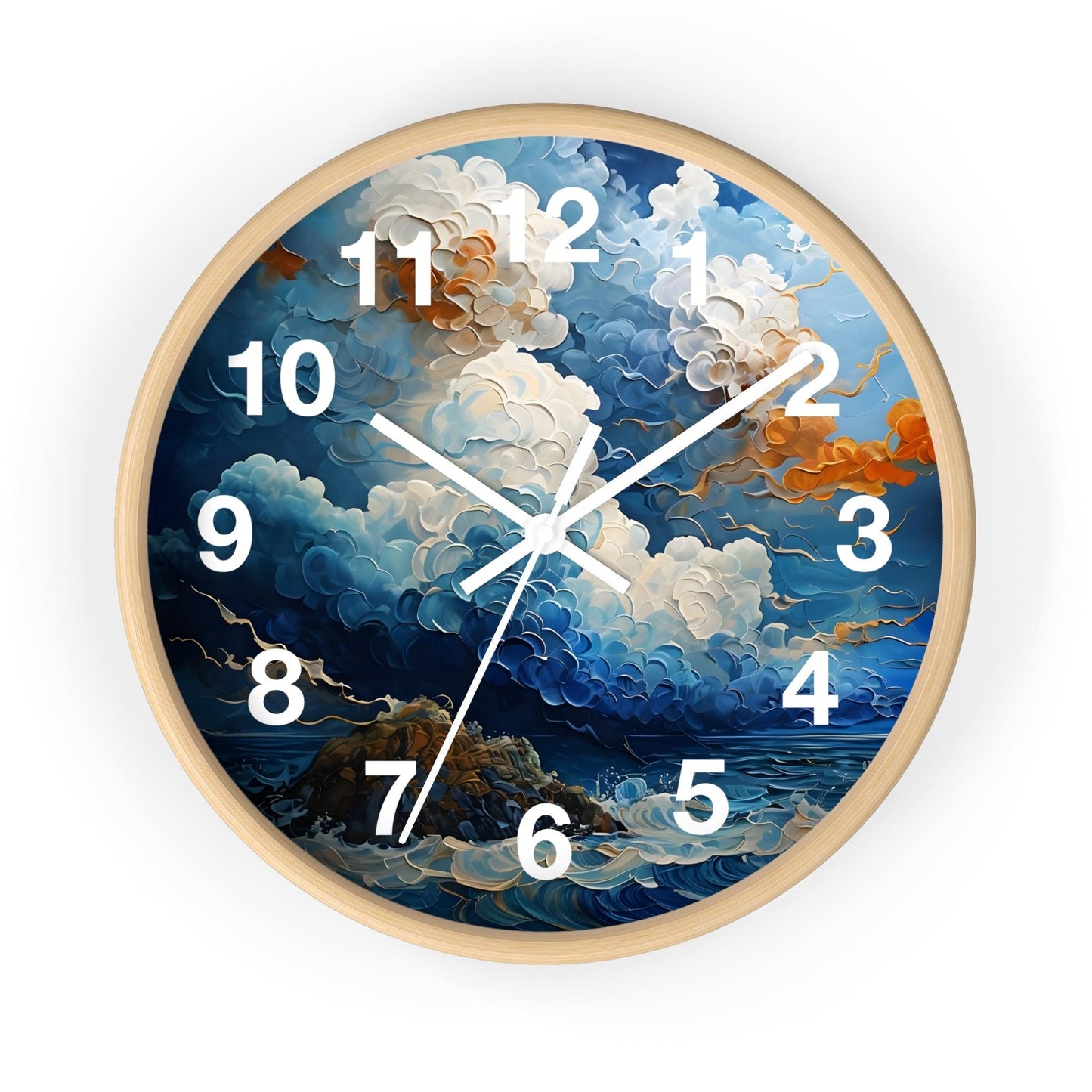 'Abstract Dynamic Clouds Over a Serene Ocean' Wall Clock, Acrylic Glass Face – Stylish Home Decor for Creative Spaces