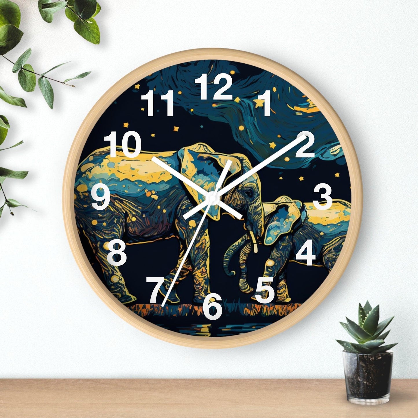 'Starry Night Mother And Baby Elephant' Wall Clock, Acrylic Glass Face – Stylish Home Decor for Creative Spaces