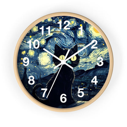 'Cat Under Starry Night-Inspired ' Wall Clock, Acrylic Glass Face – Stylish Home Decor for Creative Spaces