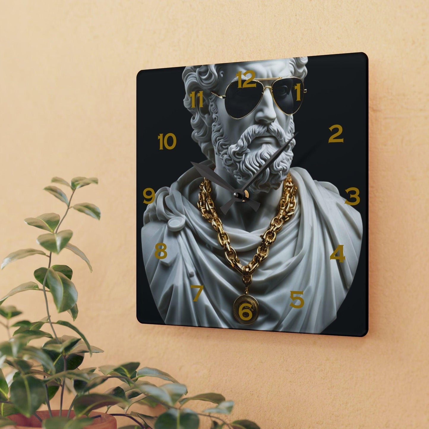 Classical Marble Sculpture With Modern Sunglasses And Gold Chains Acrylic Wall Clock - Elegant Home Decor - Milestone Acrylic