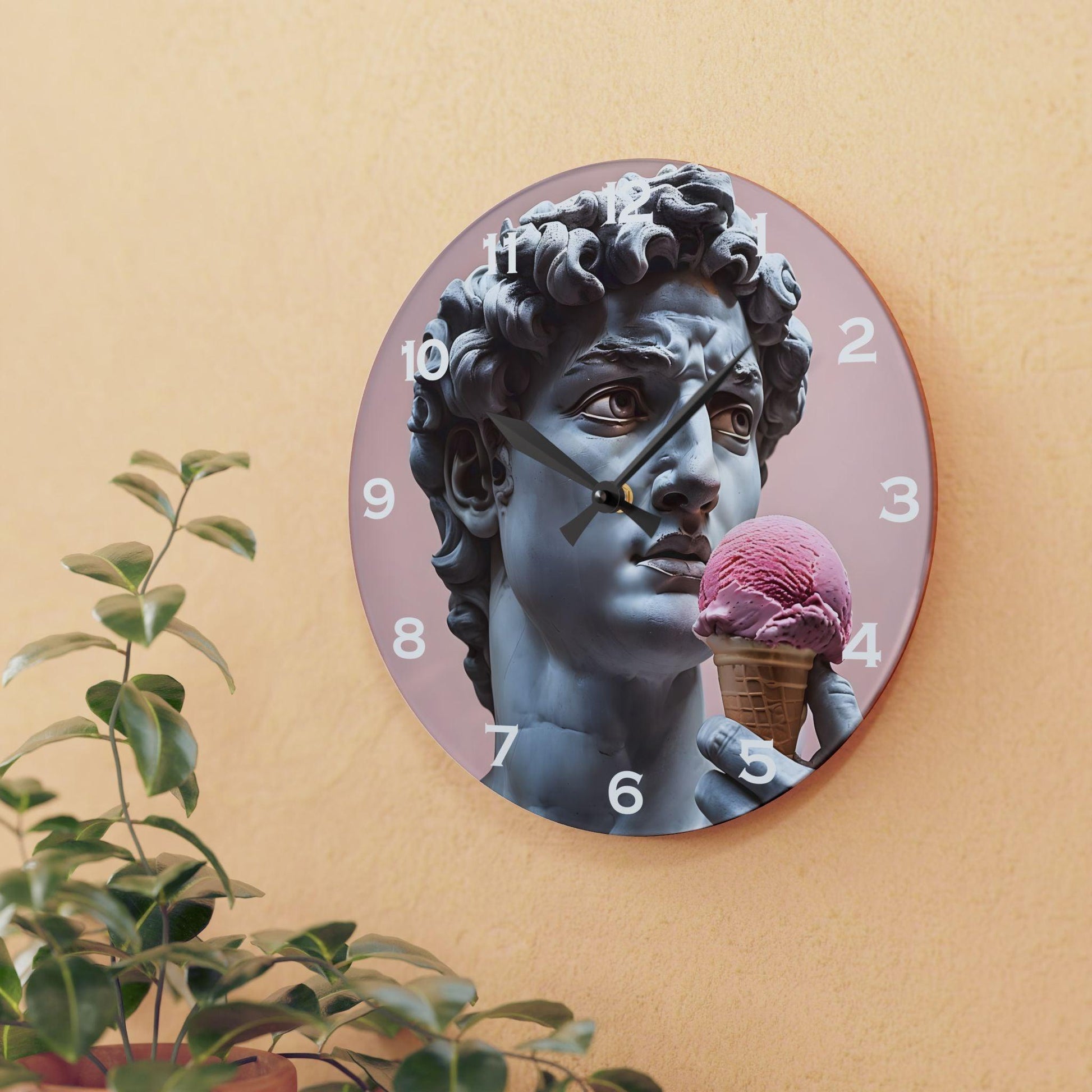 David Statue Holding Pink Ice Cream Acrylic Wall Clock - Elegant Home Decor - Milestone Acrylic