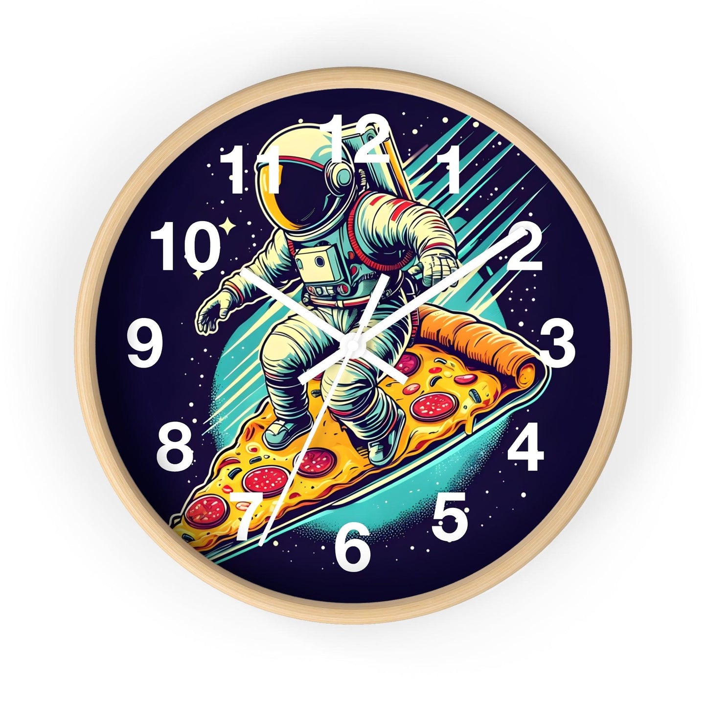 'Astronaut Surfing On A Pizza' Wall Clock Acrylic Glass Face – Stylish Home Decor for Creative Spaces