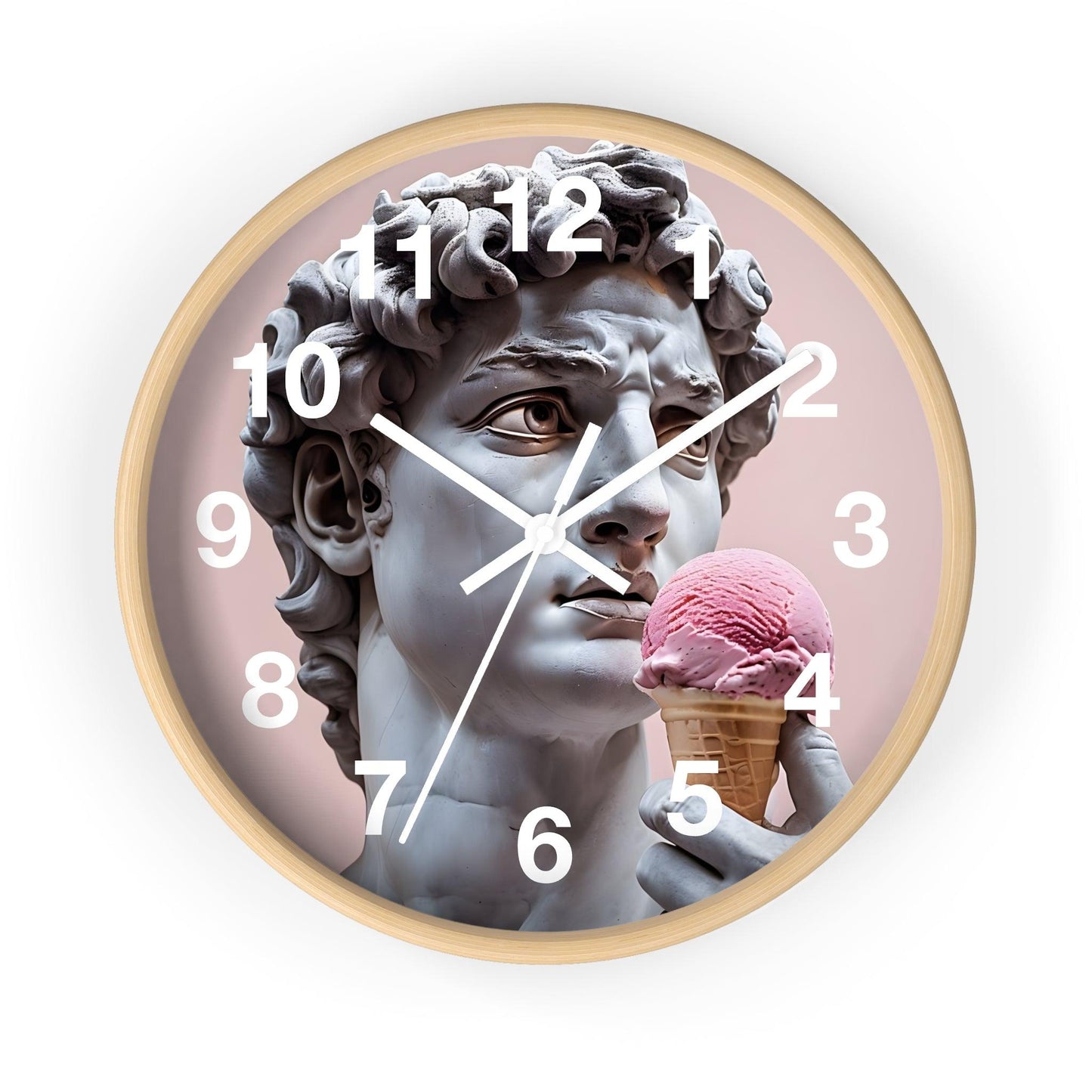 'David Statue Holding Pink Ice Cream' Wall Clock, Acrylic Glass Face – Stylish Home Decor for Creative Spaces