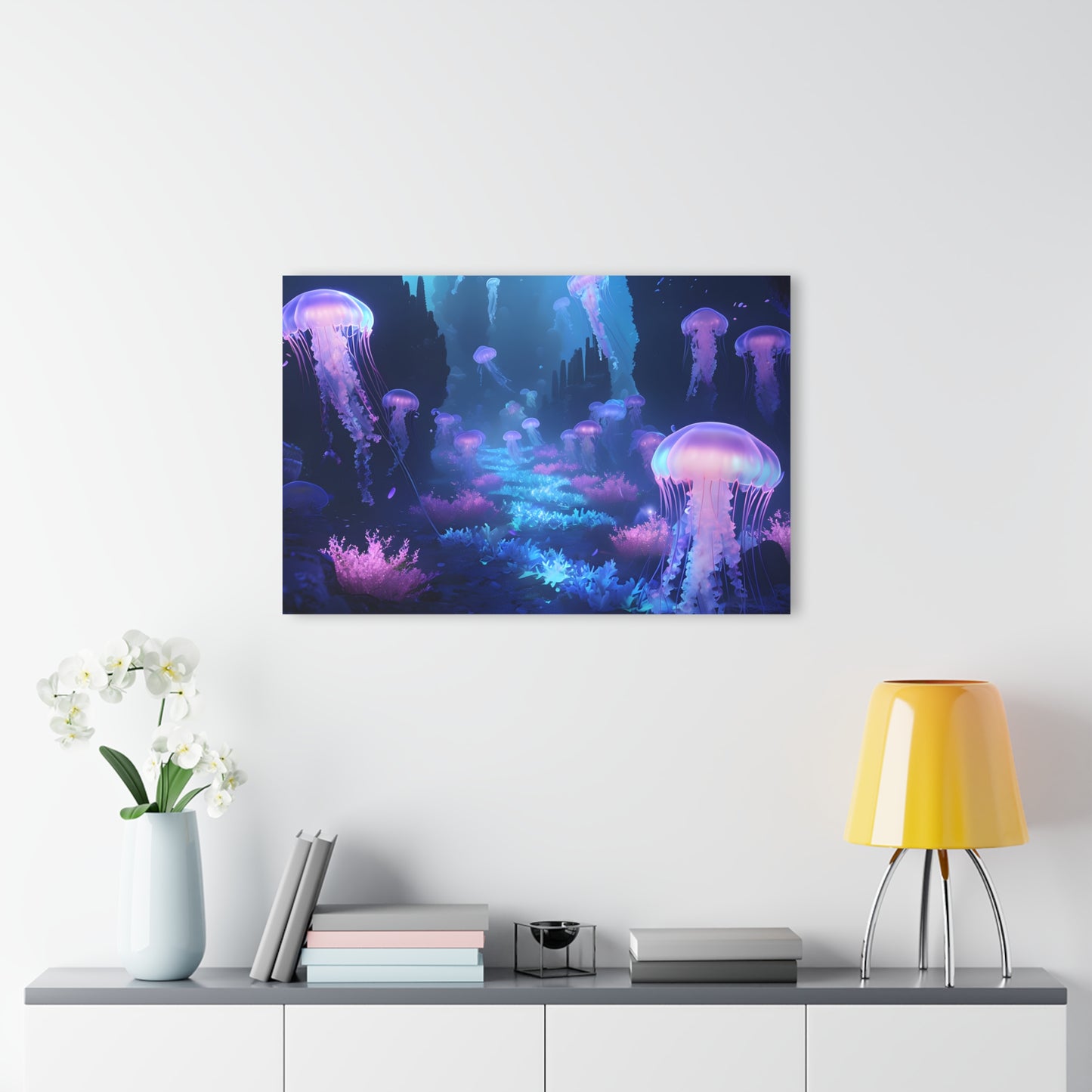 Underwater Scene with Glowing Jellyfish, Acrylic Glass, Wall art