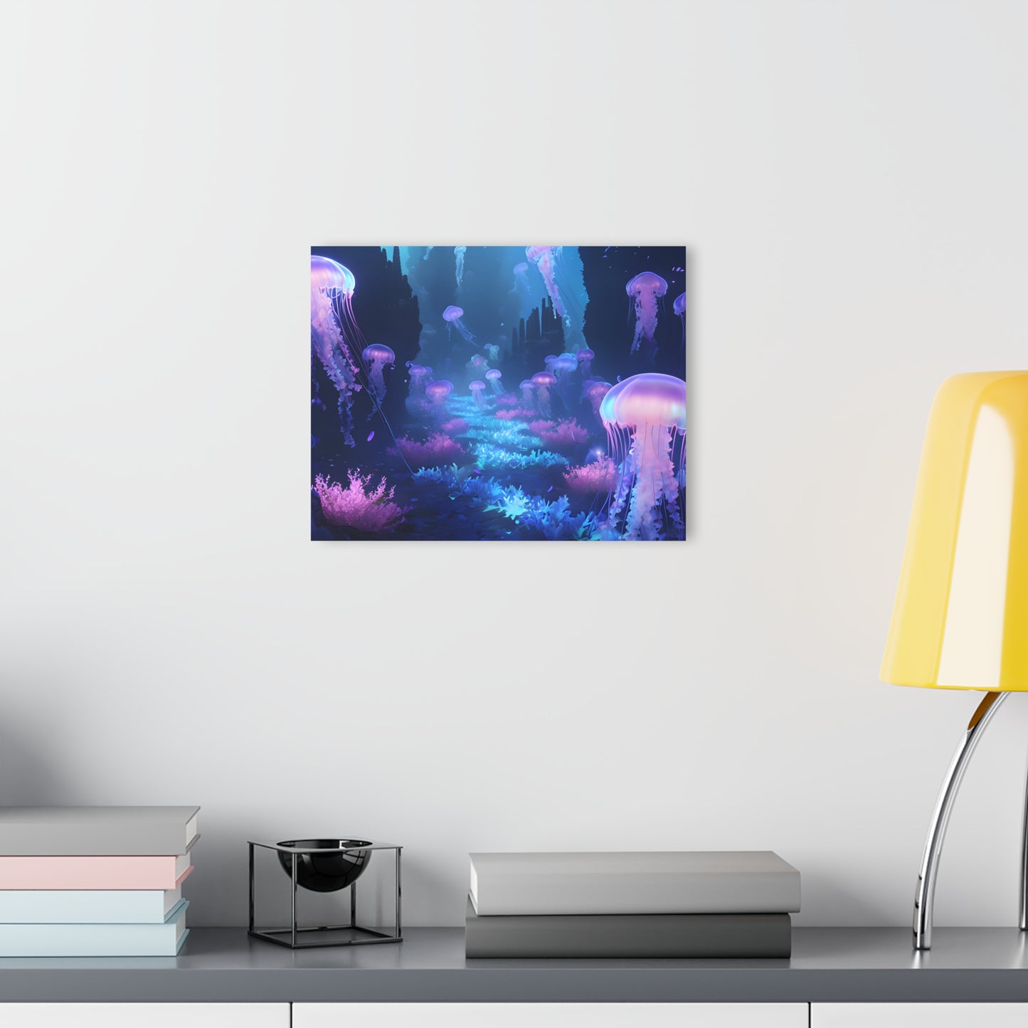 Underwater Scene with Glowing Jellyfish, Acrylic Glass, Wall art