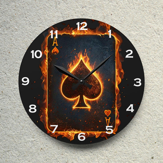 Ace of Spades Playing Card Engulfed in Intense Flames Acrylic Wall Clock - Elegant Home Decor - Milestone Acrylic