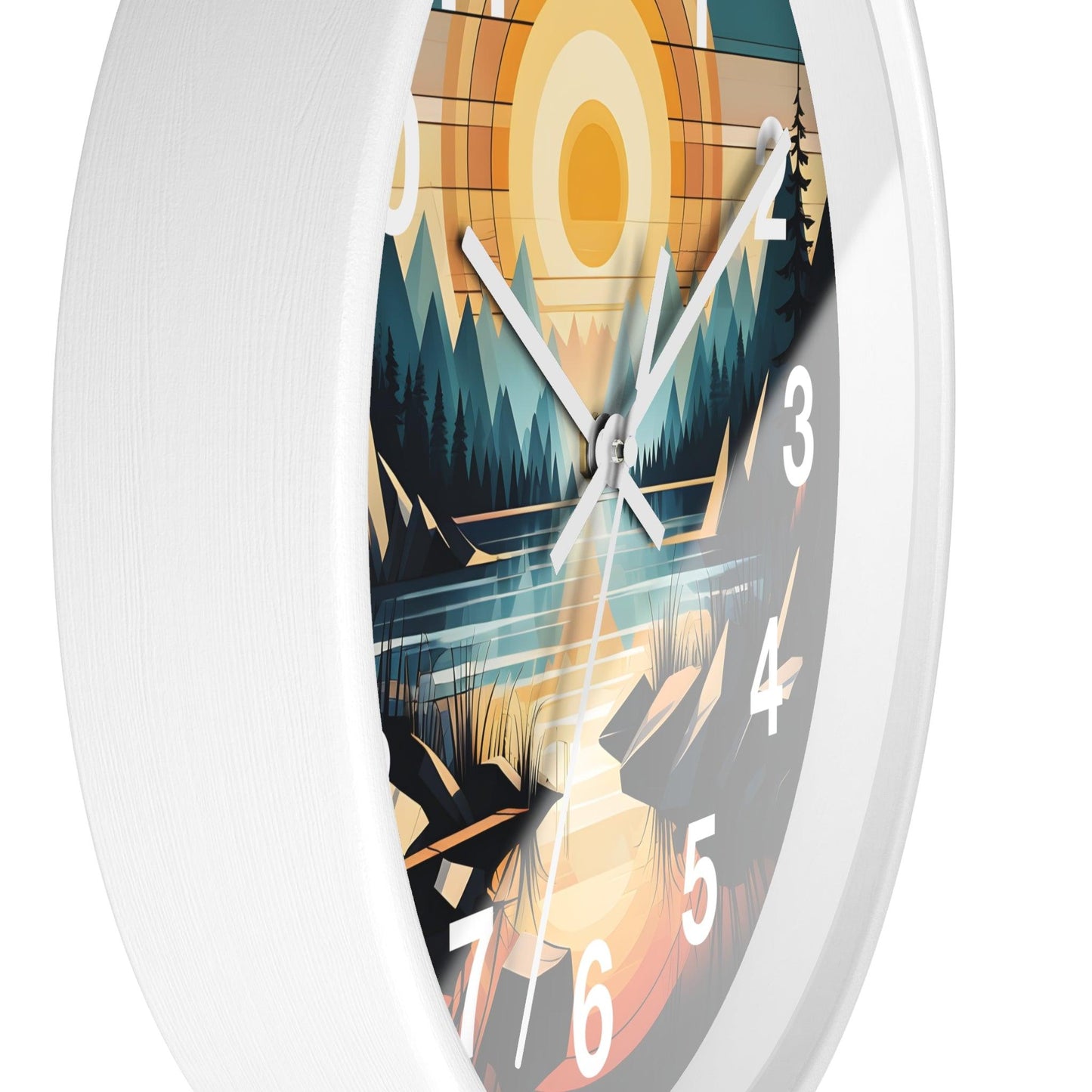 'Geometric Landscape, Calm Water And Vibrant Sky' Wall Clock, Acrylic Glass Face – Stylish Home Decor for Creative Spaces