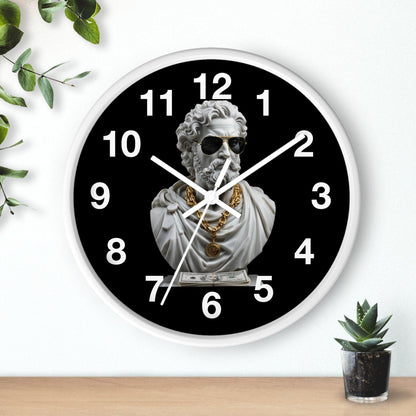 'Classical Marble Sculpture With Modern Sunglasses And Gold Chains' Wall Clock, Acrylic Glass Face – Stylish Home Decor for Creative Spaces