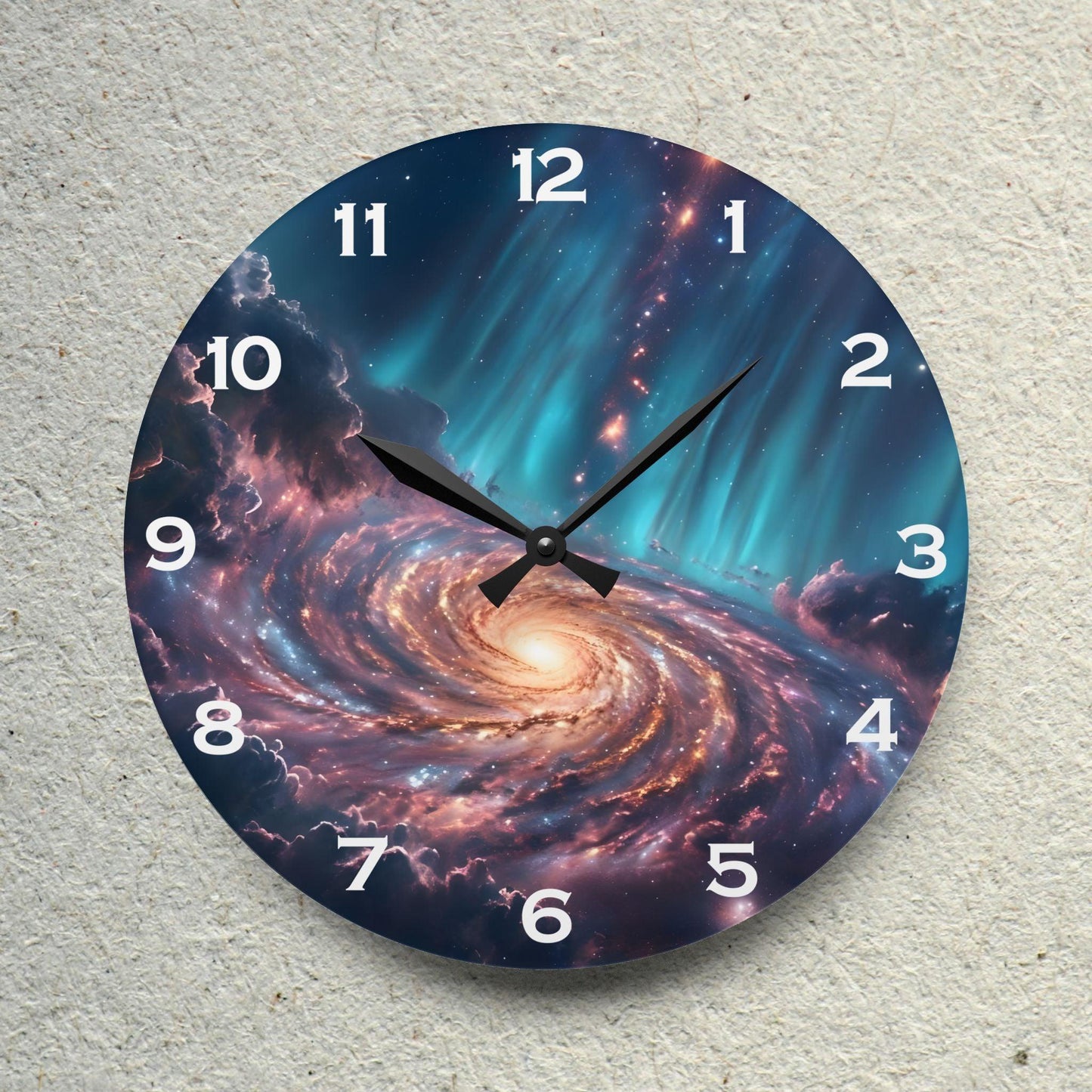 Spiral Galaxy and Cosmic Dust Acrylic Wall Clock - Elegant Home Decor - Milestone Acrylic