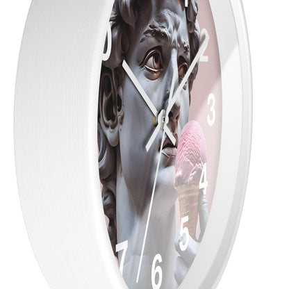 'David Statue Holding Pink Ice Cream' Wall Clock, Acrylic Glass Face – Stylish Home Decor for Creative Spaces