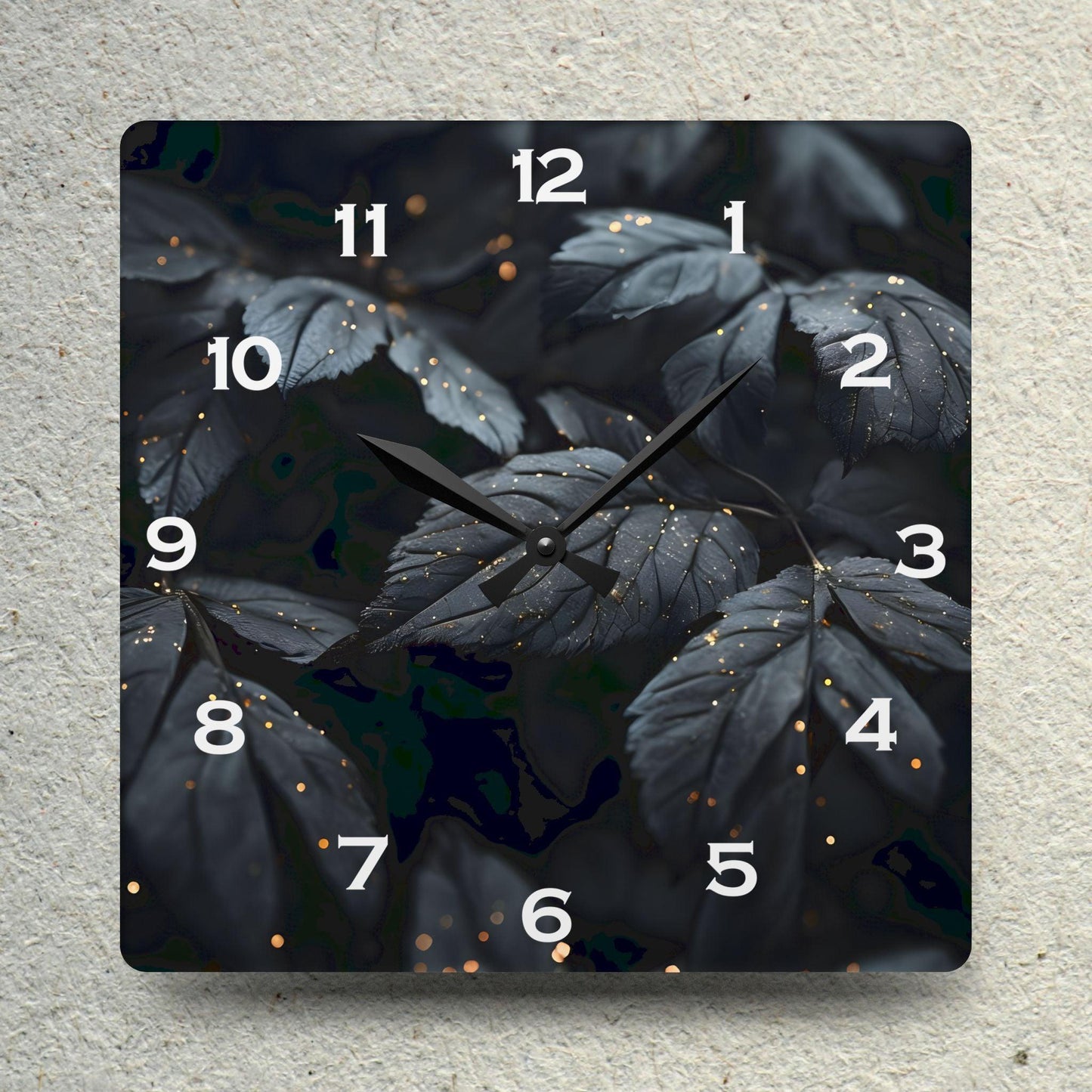 Dark Leaves With Golden Dewdrops Acrylic Wall Clock - Elegant Home Decor - Milestone Acrylic